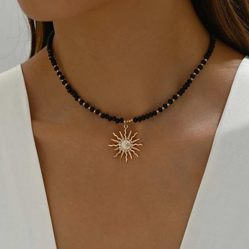 Trendó Fashion Sun & Star Pendant Necklaces for Women Vintage Crystal White Handmade Beaded Moon Choker Necklaces Jewelry Gifts