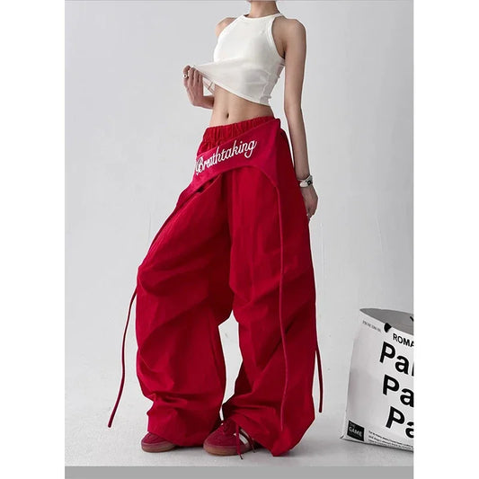Korean Y2K Cargo Pants Women Streetwear Letter Print Baggy Sweatpants Gyaru Harajuku Wide Leg Joggers Summer Casual Trousers