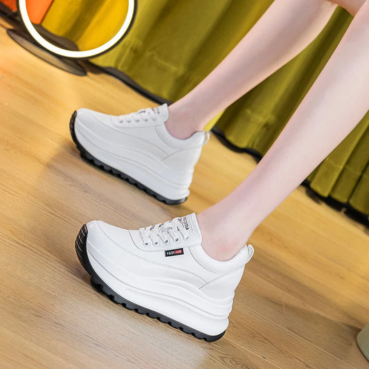 New 8cm Heel Sneakers Genuine Leather White Platform Sneakers for Women Chunky Platform Vulcanized Women Fashion Sneakers Shoes Wedge Heel