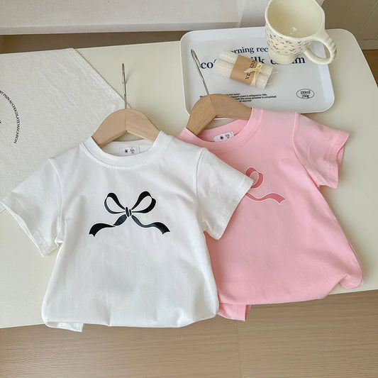 YBFSKID Summer Children Girl Short Sleeve T-shirt Bow Toddler Kid Girl T-shirt Top Baby Girl Casual Tee Trendy Top For 1-8T Girl