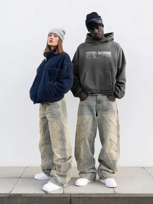 American New Fashion Patch Baggy Casual Jeans For Men And Women Y2K High Street Harajuku High Waist Wide Leg Denim Trousers