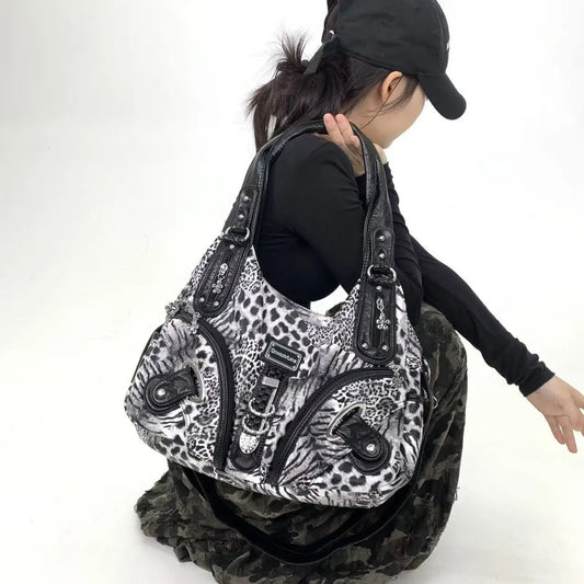 Y2K vintage hot girl personality leopard print shoulder bag with multiple compartments, Maillard crossbody handbag