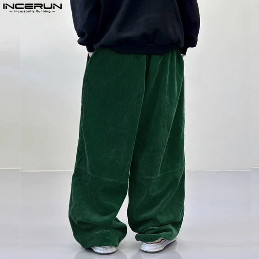 INCERUN Men Corduroy Pants Solid Color Loose Elastic Waist Streetwear Casual Wide Leg Trousers Men Long Pants