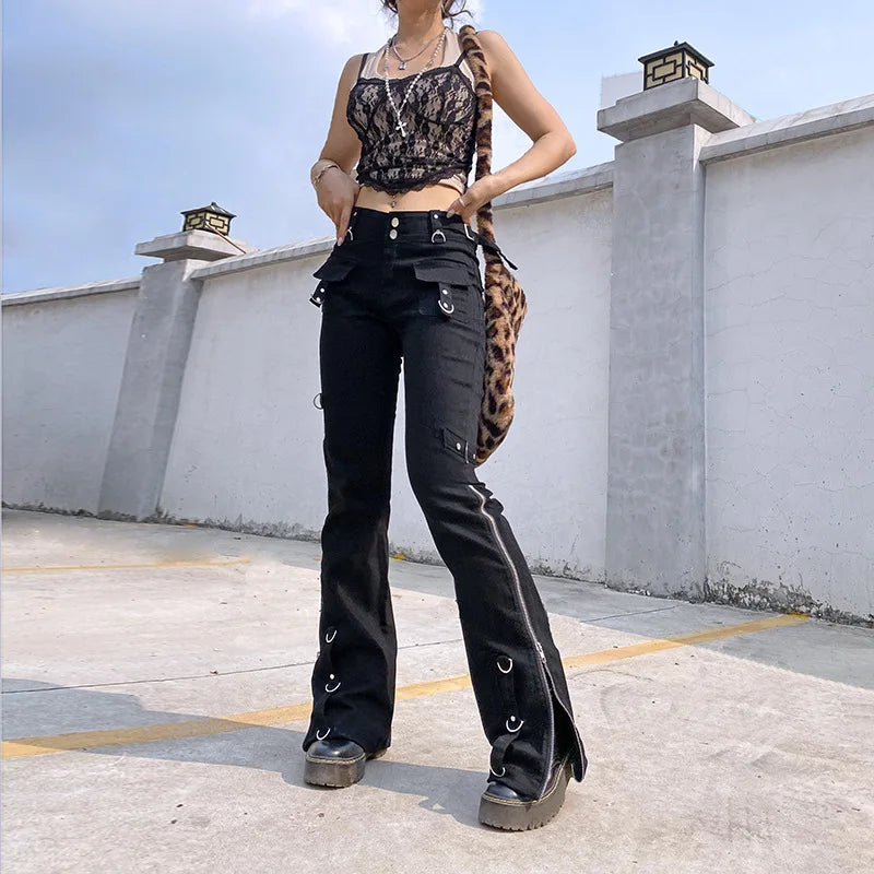 Dark Punk Y2k Grunge Low Waist Emo Jeans Mall Gothic Women Black Patchwork Electro Pants Fashion Streetwear Alt Clothes