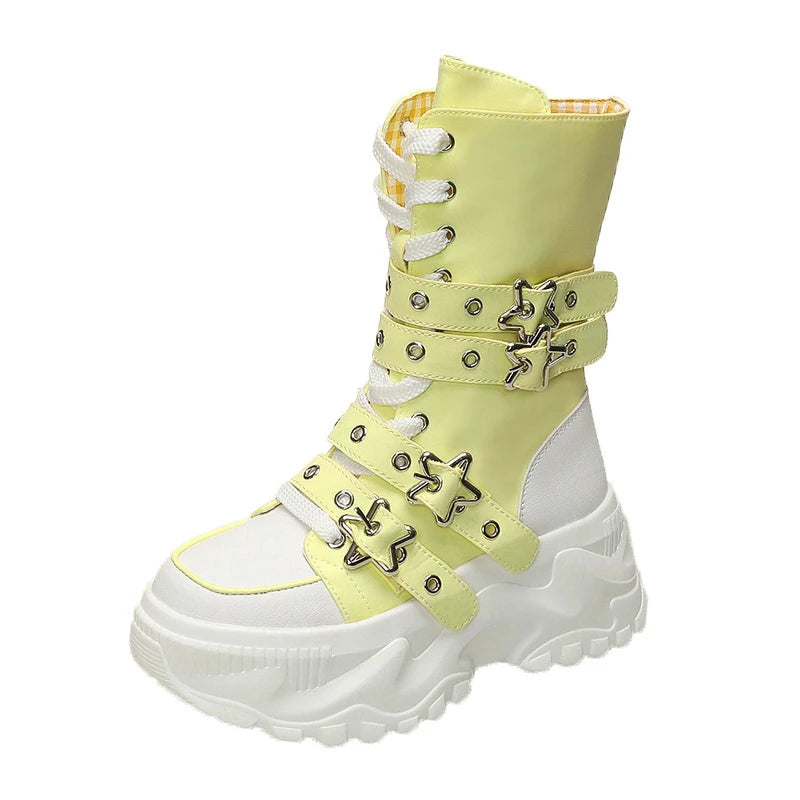 Women’s Round Toe Lace‑Up Platform Boots – Non‑Slip Autumn Mid Tubular Boots