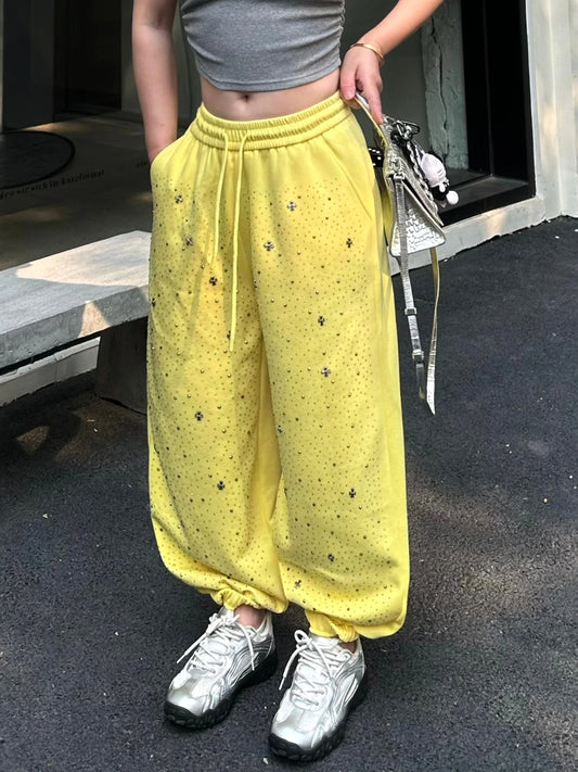 2026 Spring Hot Drilled Cotton Pants Women Elastic Waist Wide-Leg Pants Loose JLJ655