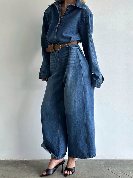Fashion Denim Women's Jumpsuit Lapel Zipper Loose Wide Leg Long Sleeve Chic 2026 Spring Autumn New High Street Office Daily Wear