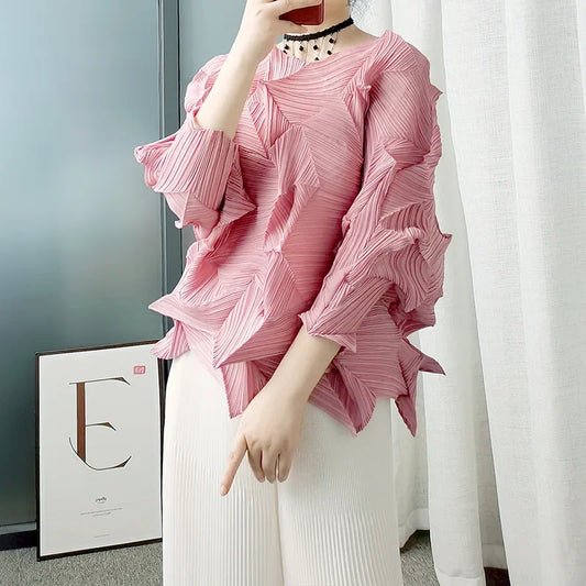 Diamond Pleated Top 8161 Artistic Raglan Sleeve Crew Neck T-Shirt Spring Summer Fashionable Pleated Des