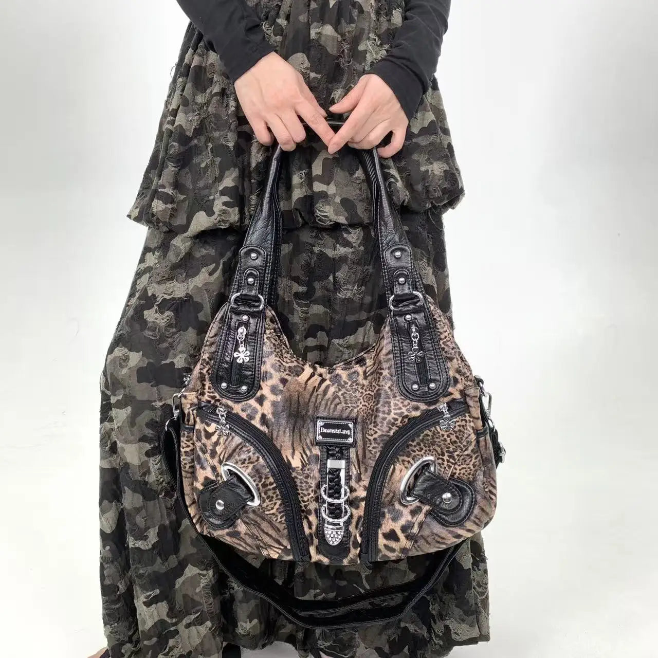 Y2K vintage hot girl personality leopard print shoulder bag with multiple compartments, Maillard crossbody handbag