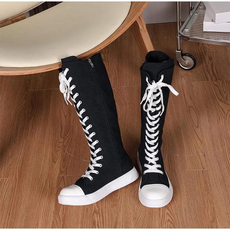 Canvas High Top Boots High Top Shoes Long Boot Lace-up Zipper Comfortable Canvas Sports Boots Flat Boot