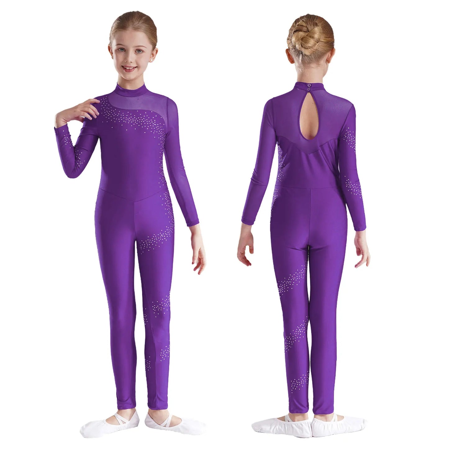 Kids Girls Ballet Dance Gymnastics Leotard Figure Skating Acrobatics Yoga Bodysuit Long Sleeve Shiny Rhinestone Mesh Jumpsuit