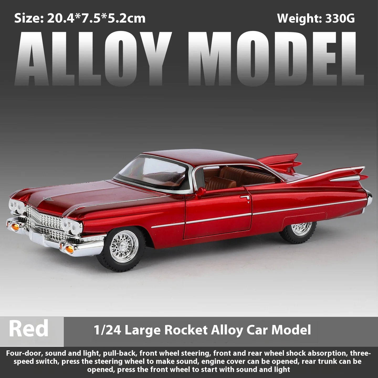 Cadillac Eldorado 1959 Metal Diecast Retro Car Model 1/24 Scale Sound and Light Back Pull Boy Gift Ornament Halloween Toys