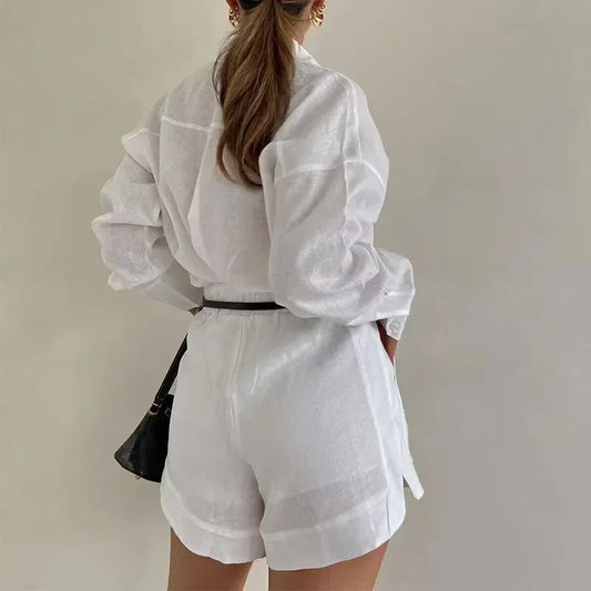 New Women's Long Sleeve 2-Piece Set Casual Button Detail Shorts Outfit Shirt Top Summer Fashion Female Suit Y2k Clothing