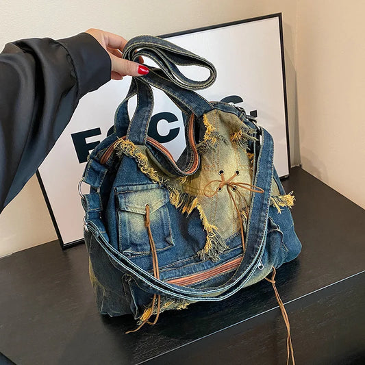 Denim Y2k Womens Shoulder Bag Vintage Washed Distressed Fashion female Messenger Bag Large Capacity ladies Handbag Sac totes