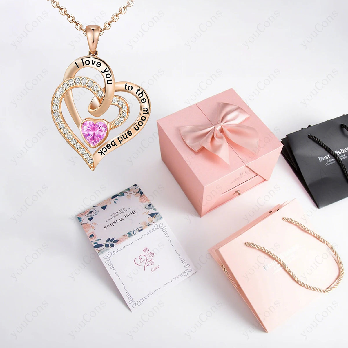 Heart Zircon Pendant Necklace With Pink Rose Bow Gift Box New Set For Girlfriend Wife Christmas Valentine Day Birthday Gift