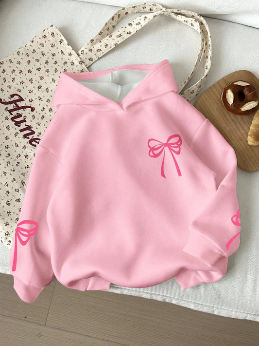 Pink Bow Print Loose Fit Hoodie for Kids, Casual Long Sleeve Sweatshirt with Graphic Design