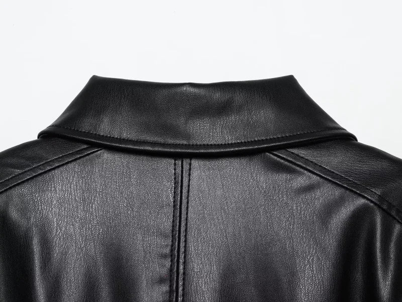 ETJ autumn new women's fashion belt imitation leather long sleeve short trench coat casual leather coat