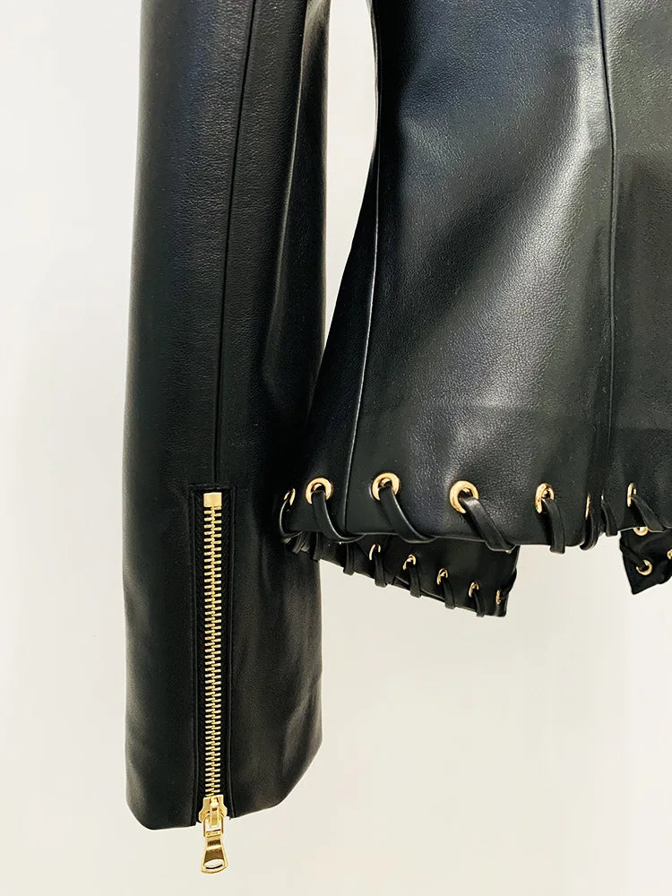 HIGH QUALITY Newest Fashion 2026 Designer Jacket Women's Rope Lacing Up Slim Fitting Leather Blazer