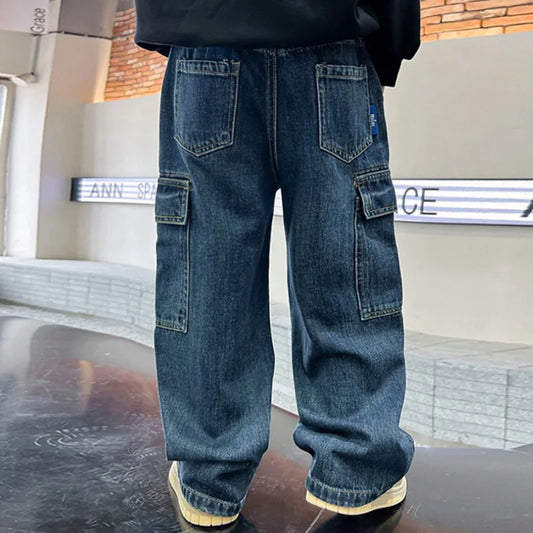Teen Boys Jeans New Spring Autumn Pants Children's Straight Trousers Teenager Wide-legged Cargo Pants Kids Loose Clothes