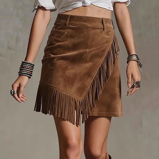 Vintage Tassel Suede Women's Elegant Skirt Brown Irregular Fashion Back Zipper Skirt Western Cowgirl High Street Chic Skirt