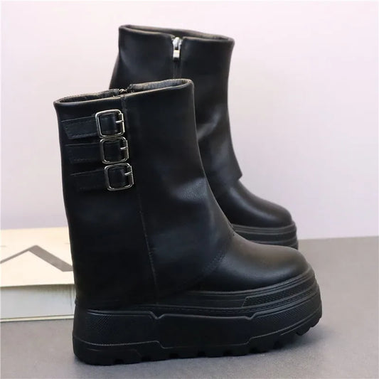 New 12cm Ankle Booties Shoes Leather Boots Women Motorcycle Boots Platform Ladies Fashion Botas Autumn Winter