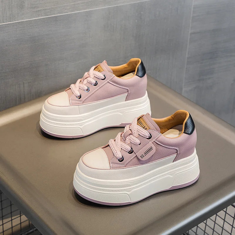 9CM Cow Suede Genuine Leather Women Vulcanized Shoes Platform Wedge High Top Skate Boarding High Brand Heels Casual Stable Shoes