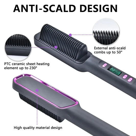 Electric Hair Straightener Brush Fast Heating Straightening Brush Hair Straightener with Anti-Scald Feature Straightener Comb