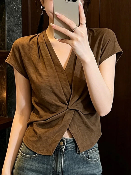 Large Size Coffee Brown Retro Cross Knot V Neck Shirt Women's Summer New Irregular Design Sense Top Loose Fit