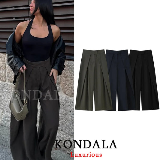 KONDALA Casual Chic Wide Leg Pants Women Office Lady Pockets Pleated Long Trousers Fashion 2026 Spring Summer Streetwear Pants