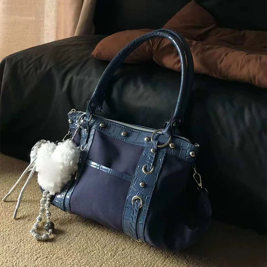 Brand Retro Y2k Shoulder Bag High-end Niche Riveted Motorcycle Bag Crocodile Pattern Large Capacity Denim Canvas Commute Tote