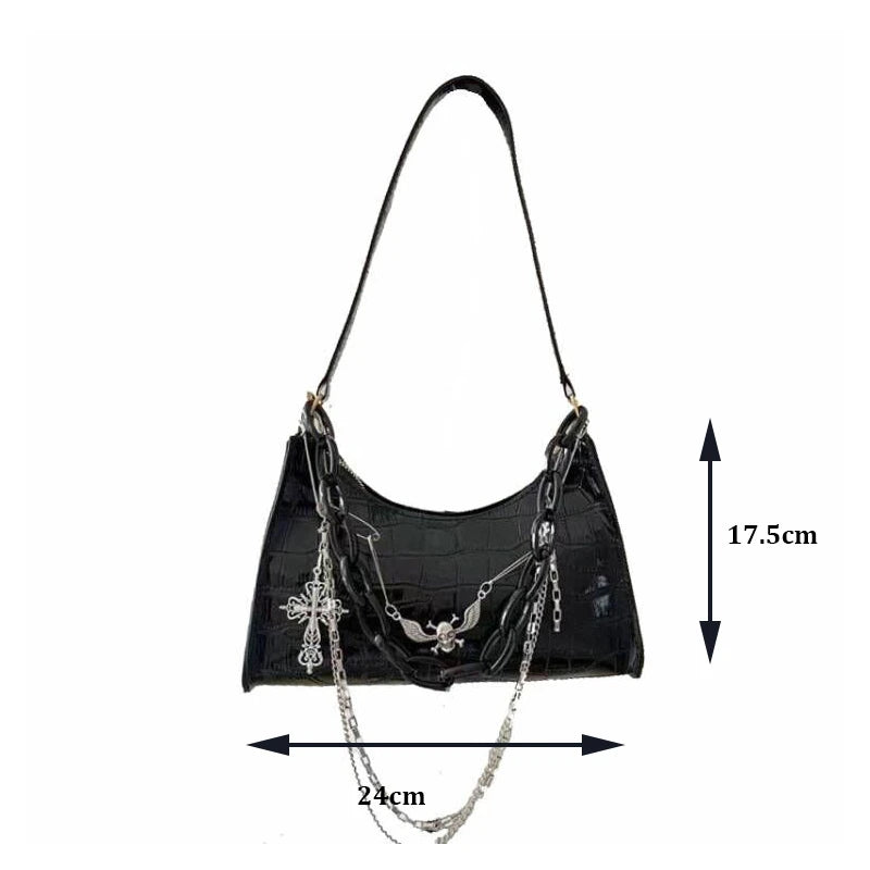 Gothic Dark Punk Underarm Bag With Skull Shoulder Bag Y2k Chain Crocodile Pattern Crossbody Bag Popular Aesthetic Bags