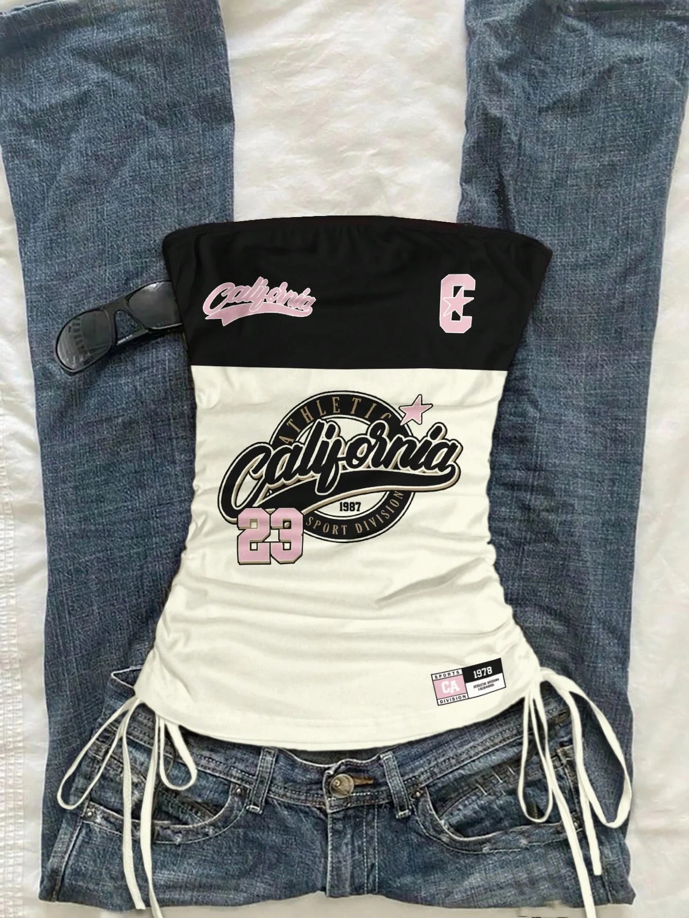 cropped top ,Women's Summer Drawstring Tie Front Cutaway Tapered Tank Top, Fashionable Resort-Fit Sporty Print Strappy Top