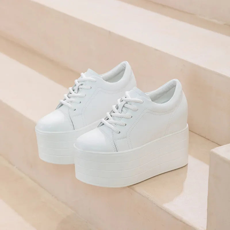 Fujin 12cm Genuine Leather Synthetic Women Autumn Spring Platform Wedge Women Fashion Sneakers Chunky Shoes Vulcanize Skateboard