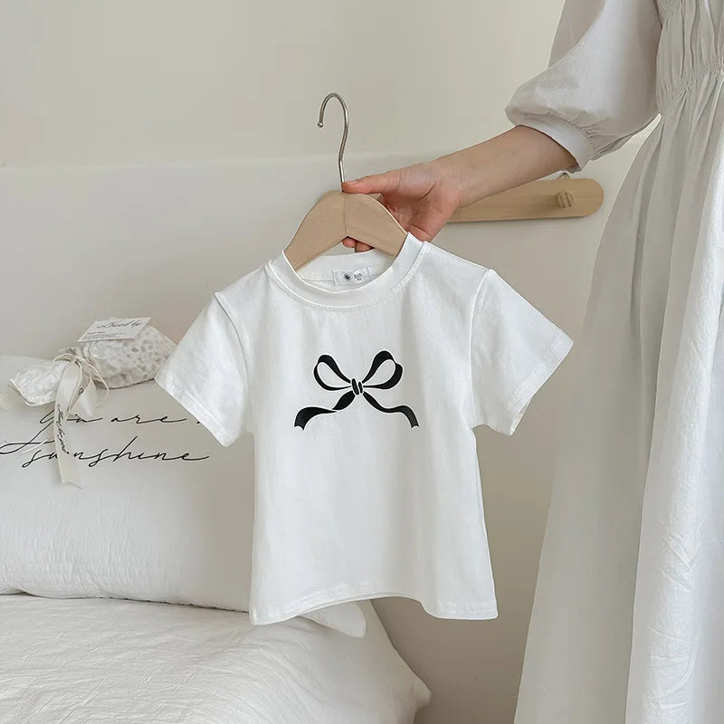 YBFSKID Summer Children Girl Short Sleeve T-shirt Bow Toddler Kid Girl T-shirt Top Baby Girl Casual Tee Trendy Top For 1-8T Girl