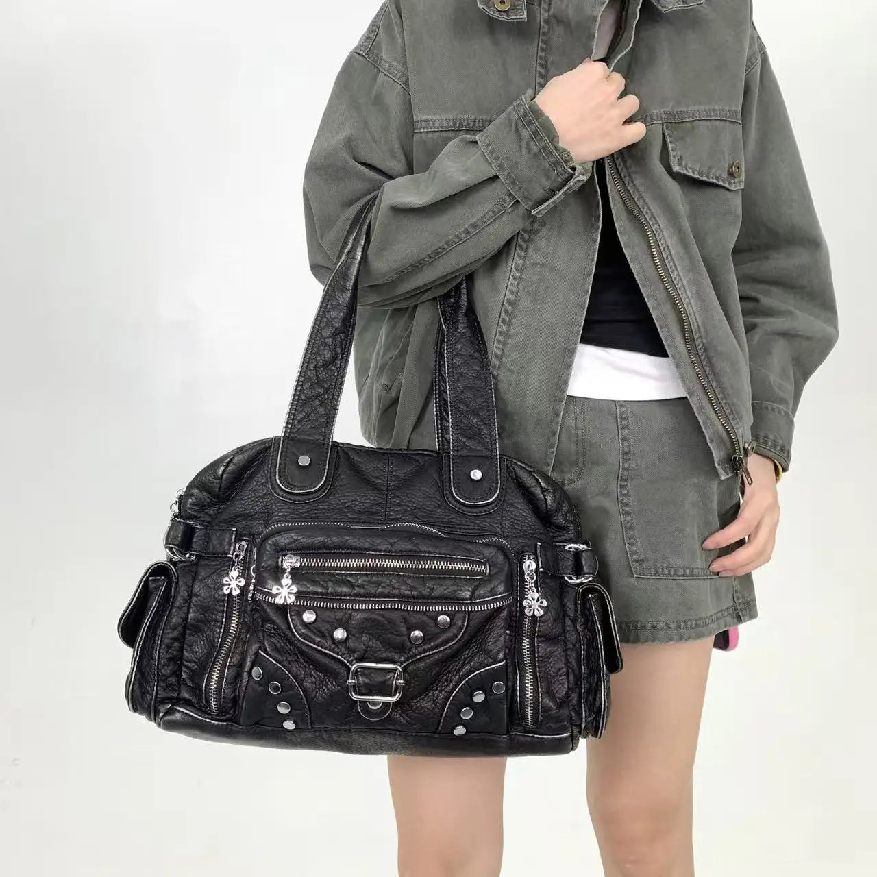 Y2K retro multi pocket rivet women's tote bag, large capacity personalized street crossbody shoulder bag