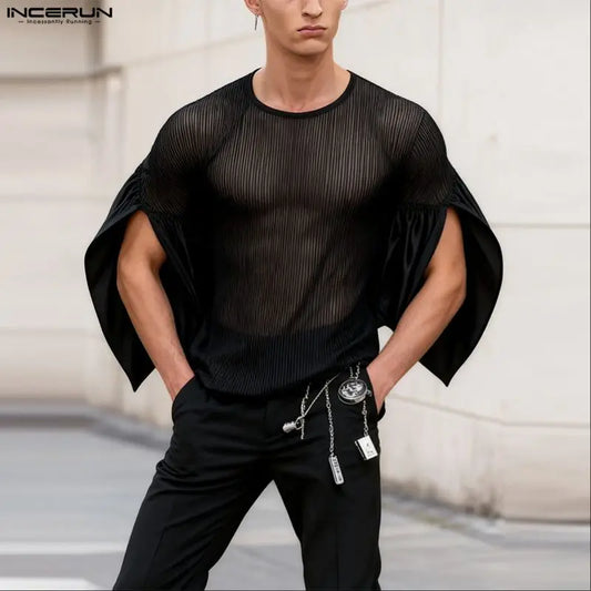 INCERUN Men T Shirt Mesh Hollow Out O-neck 3/4 Sleeve Male Tee Tops Streetwear See Through Sexy Fashion Party Men Clothing 2026