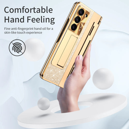 For Samsung Galaxy Z Fold 7 6 5 4 Z Fold 3 5G Case with Screen Protector Luxury Frosting One-Piece Plating Stand Cover Gold
