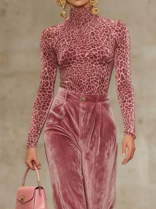 Bonboho Women's Pink Leopard Print High-Neck Shirt Top 2026 Stylish Skinny Long Sleeves T-shirt Sexy Stretch Pullovers