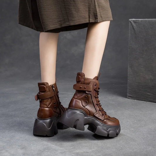 DRKANOL 2026 Summer Cool Boots Women 100% Genuine Leather Round Toe Hollow Out Breathable Thick High Heel Platform Ankle Boots