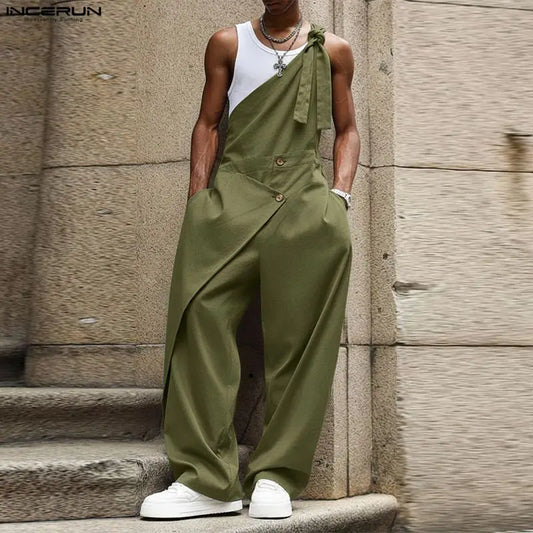 Men Jumpsuits Solid Color Sleeveless Casual Male Rompers Streetwear Loose INCERUN 2026 Lace Up Fashion Playsuits Men Overalls