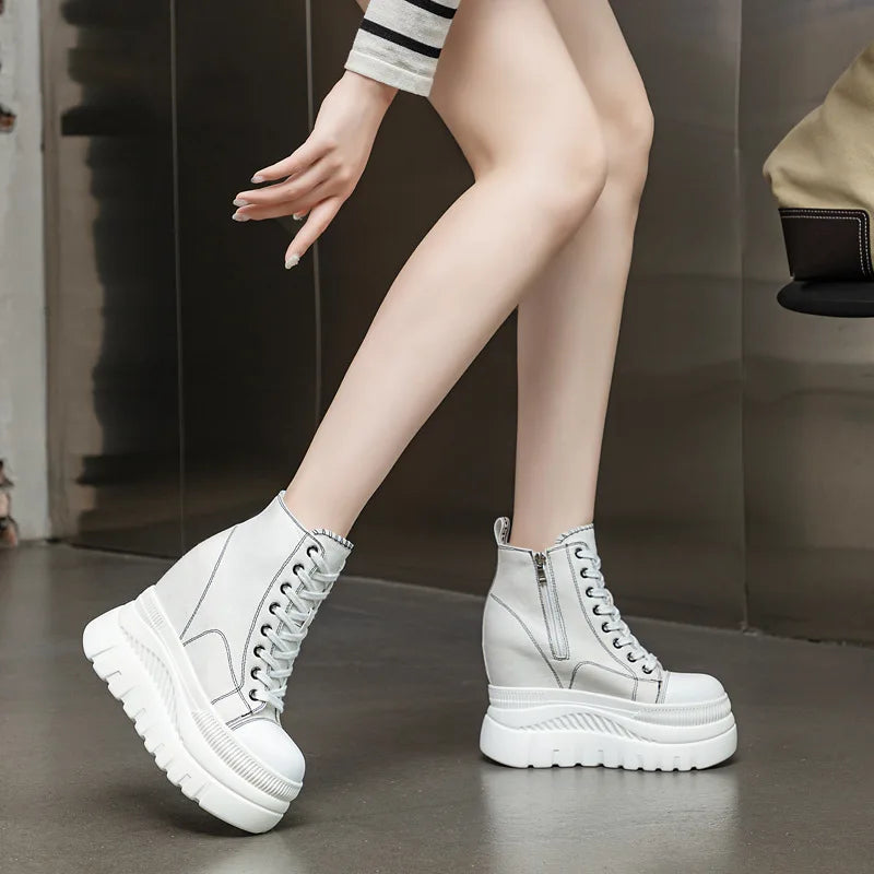 High Top (12CM) Women's Sneakers Casual Leather Lace up Boots Sneakers For Woman Spring Autumn Shoes High Heels Sneaker Shoes