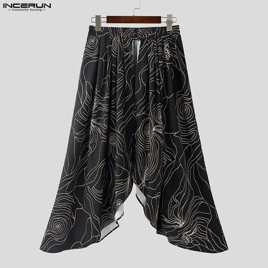INCERUN Men Irregular Skirts Printing Elastic Waist Joggers Casual Wide Leg Trousers Men Streetwear Baggy 2026 Fashion Male Bott