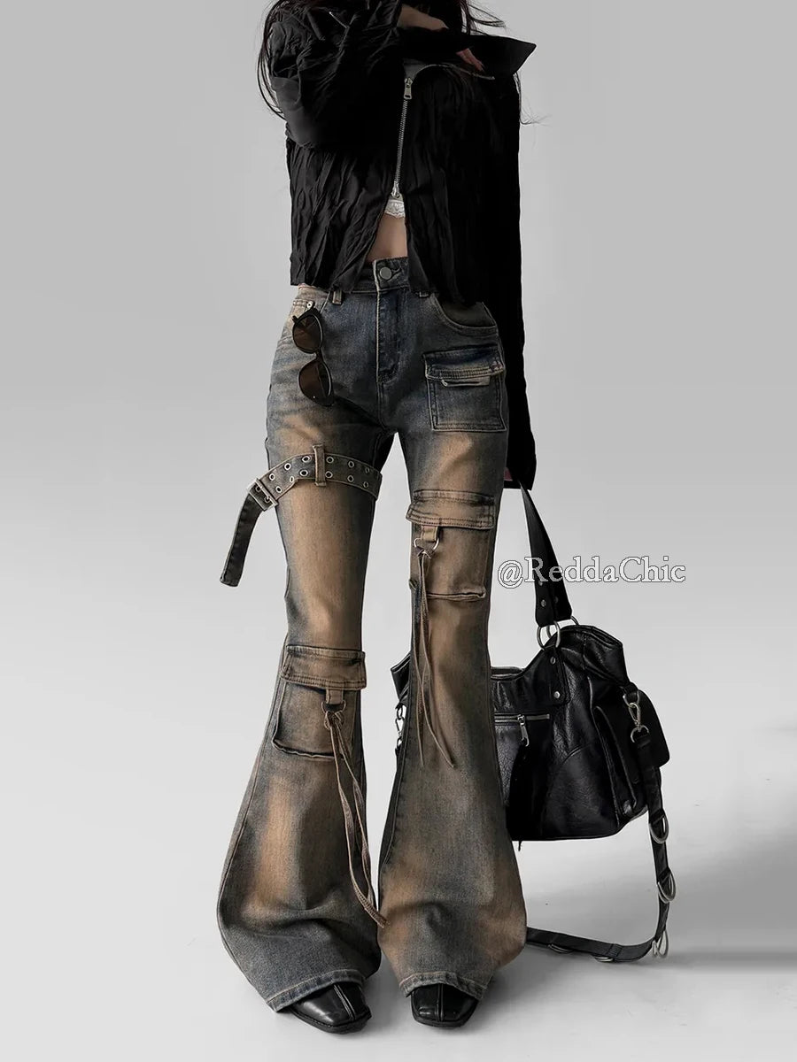 .REDDACHiC Women Low Waist Cargo Flare Jeans Y2k Vintage Distressed Belted Fitted Bootcut Pants Bell Bottoms Streetwear