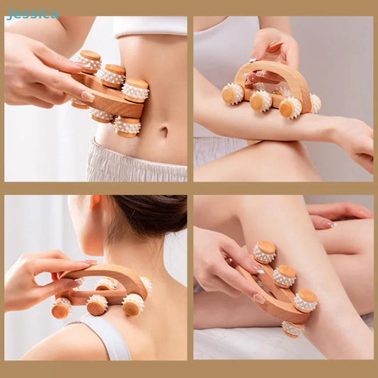 ♥Handheld Wooden Massage Roller Tool - 6 Spiky Wheels Massager for Muscle Pain Relief & Lymphatic Drainage