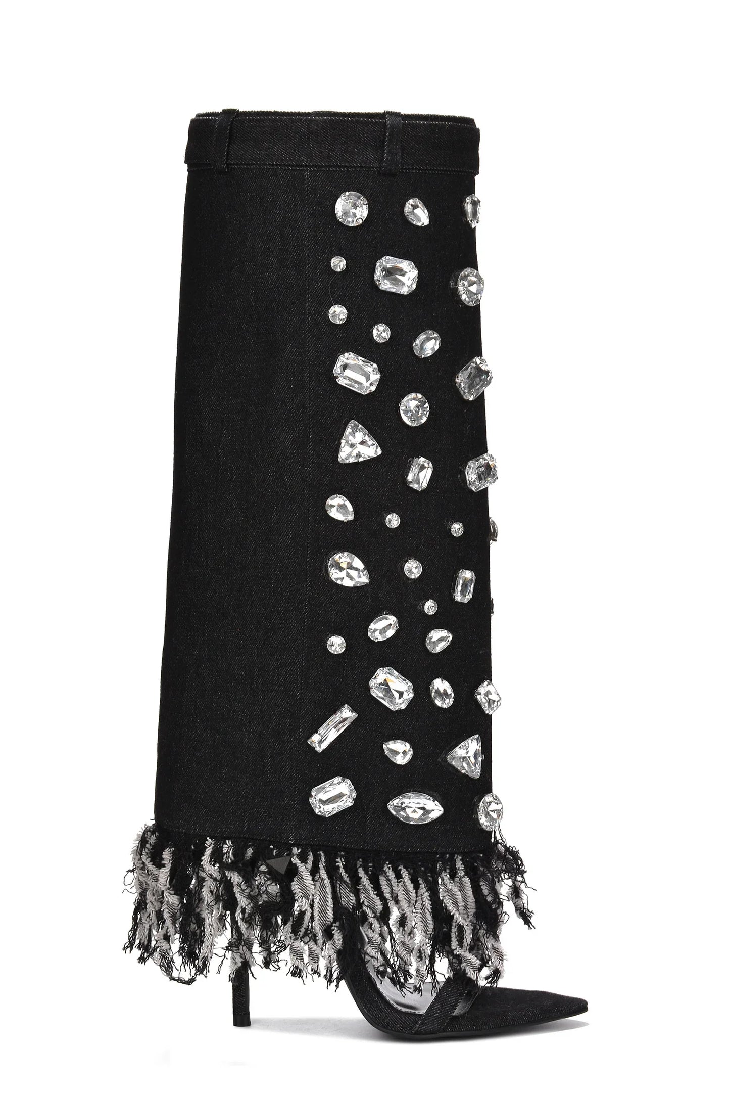 Crystal Decor Denim Lady Long Boots Sexy Fringe Pointed Toe Woman Knee High Boots Fashion Tassel Jean Sandals Boots 44