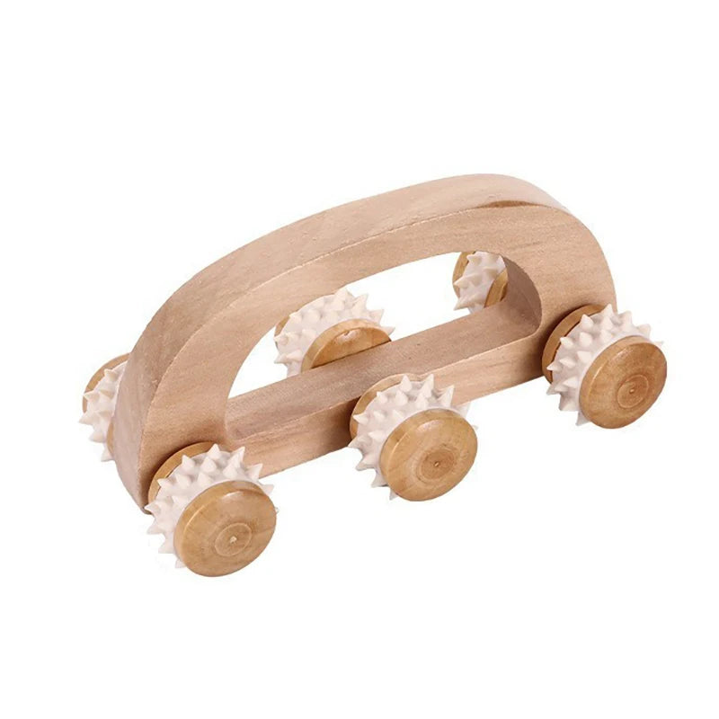 ♥Handheld Wooden Massage Roller Tool - 6 Spiky Wheels Massager for Muscle Pain Relief & Lymphatic Drainage
