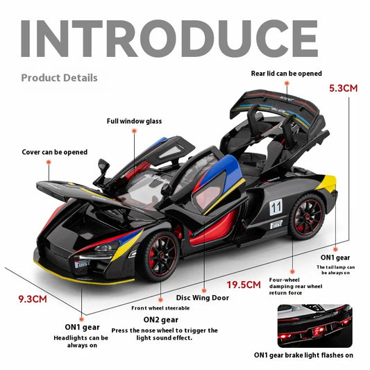 Simulated 1/24 McLaren Senna car model with sound and lights, track version sports car model, boys gift, collection ornaments