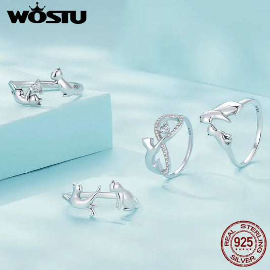 WOSTU 100% 925 Sterling Silver Cat Dog Opening Ring Hot Sale Pet Rings For Women Original Fashion Animal Jewelry Party Gift