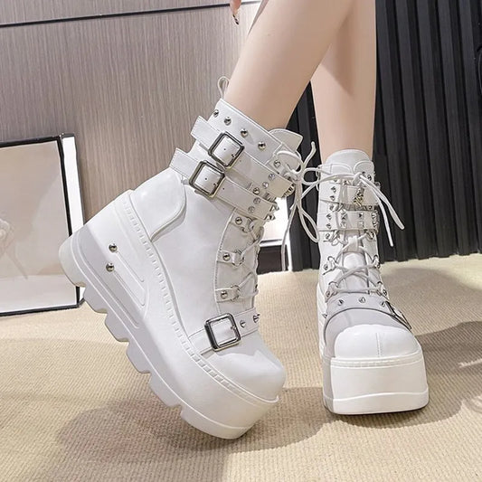 New Punk Women's Boots Wedges Ladies Shoes Patent Leather Boot Rivets Cosplay Ankle Boots Zip Ladies Gothic Motorcycle Boot