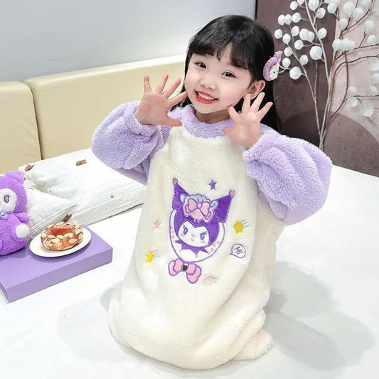 Hot Sanrio Girls Cartoon Coral Fleece Pajamas Kuromi Kids Kawaii Sleepwear Robe Leisure Wear Spring Autumn Night Clothes New